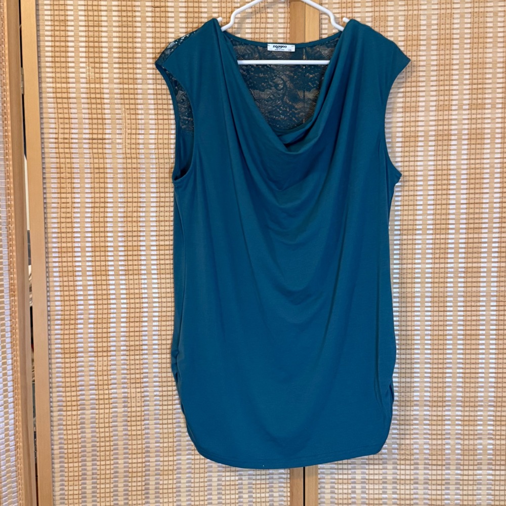 Zeagoo Teal Cowl Neck Lace Back Sleeveless Ruched Blouse XXL Lagenlook